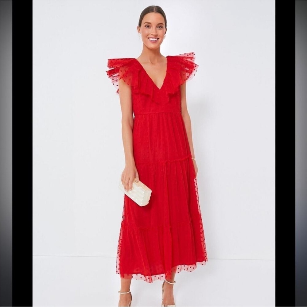 NWT Tuckernuck Giselle Tulle Midi Dress Red Floral Dot Embroidery Size M